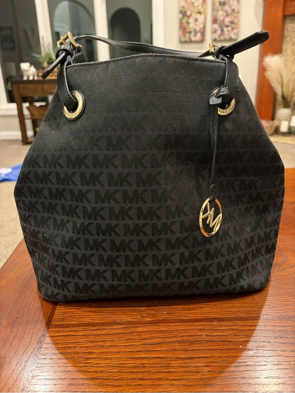 Like New!!Michael Kors Black MK Logo Snap-close-strap Purse with Gold Hardware